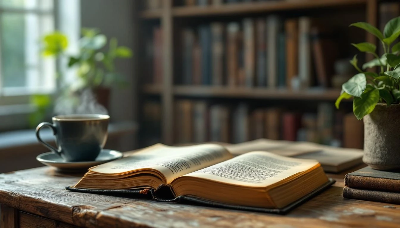 Livre ouvert sur un bureau en bois dans une bibliothèque.