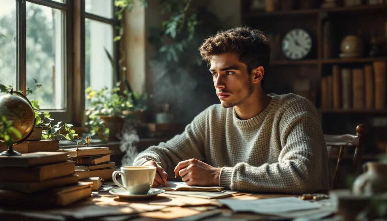 Jeune homme pensif à un bureau avec une tasse de café chaud.