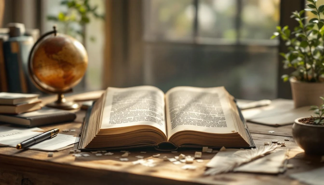 Vieux livre ouvert et globe terrestre sur un bureau en bois.