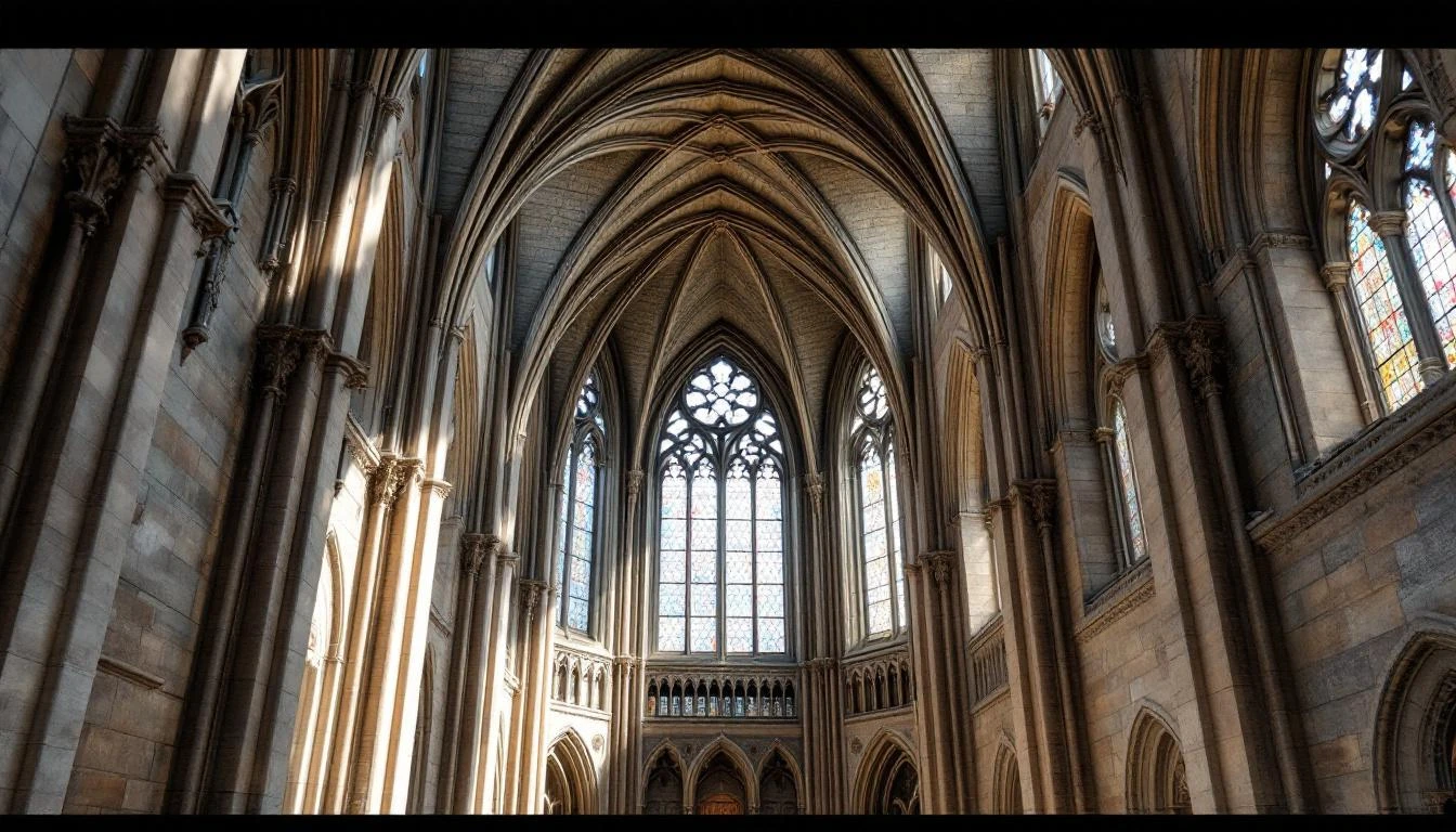 Hautes voûtes gothiques et vitrail d'une cathédrale.