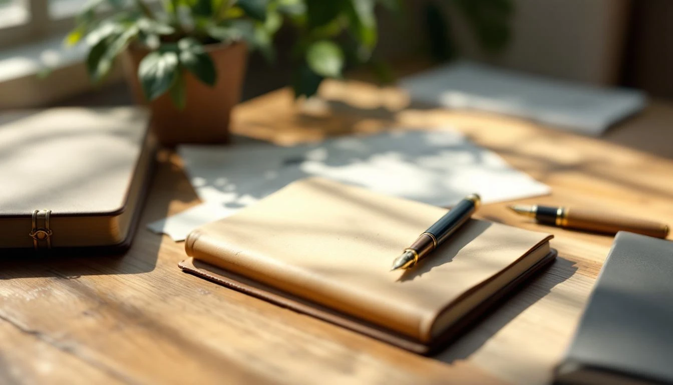 Stylo et carnet sur un bureau en bois ensoleillé.