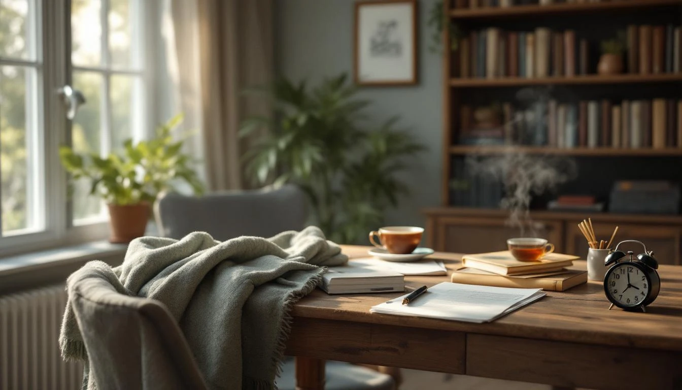 Bureau en bois avec une tasse de thé fumante, des papiers et une bibliothèque.