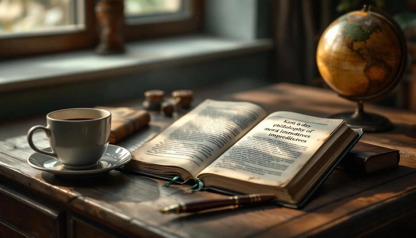 Un livre ouvert, un stylo et un café sur un bureau en bois.