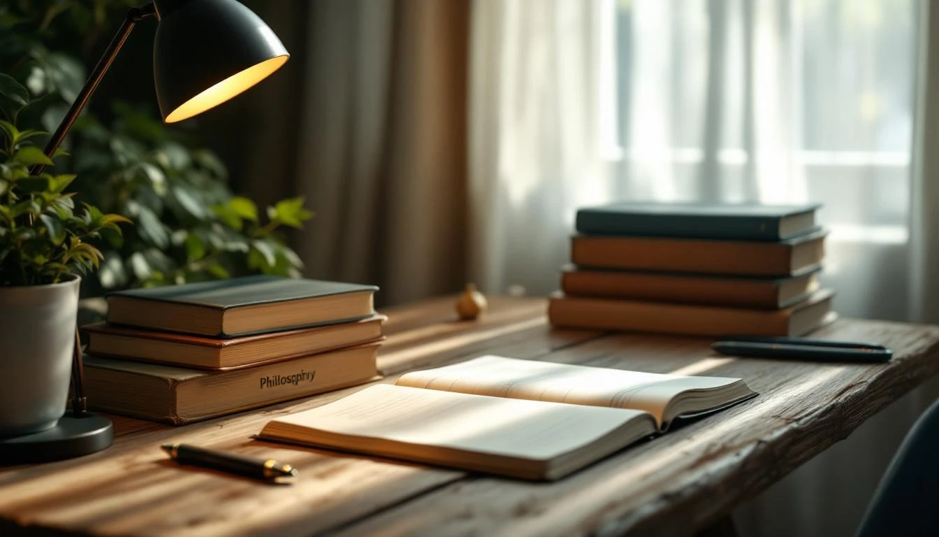 Bureau en bois avec un carnet ouvert, des livres et une lampe allumée.