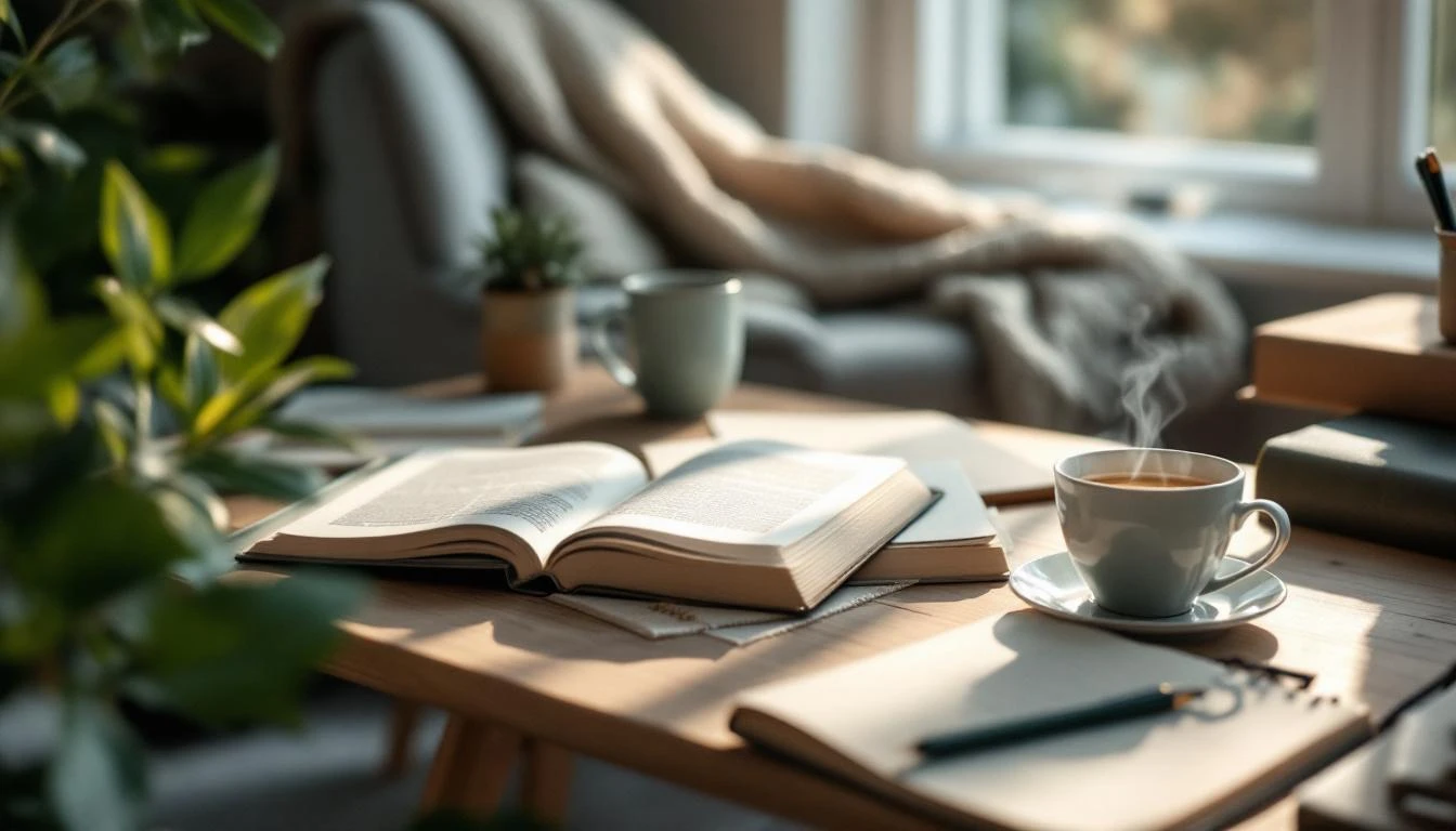 Livre ouvert et tasse de café sur une table basse en bois, dans un salon confortable et ensoleillé avec un fauteuil en arrière-plan.