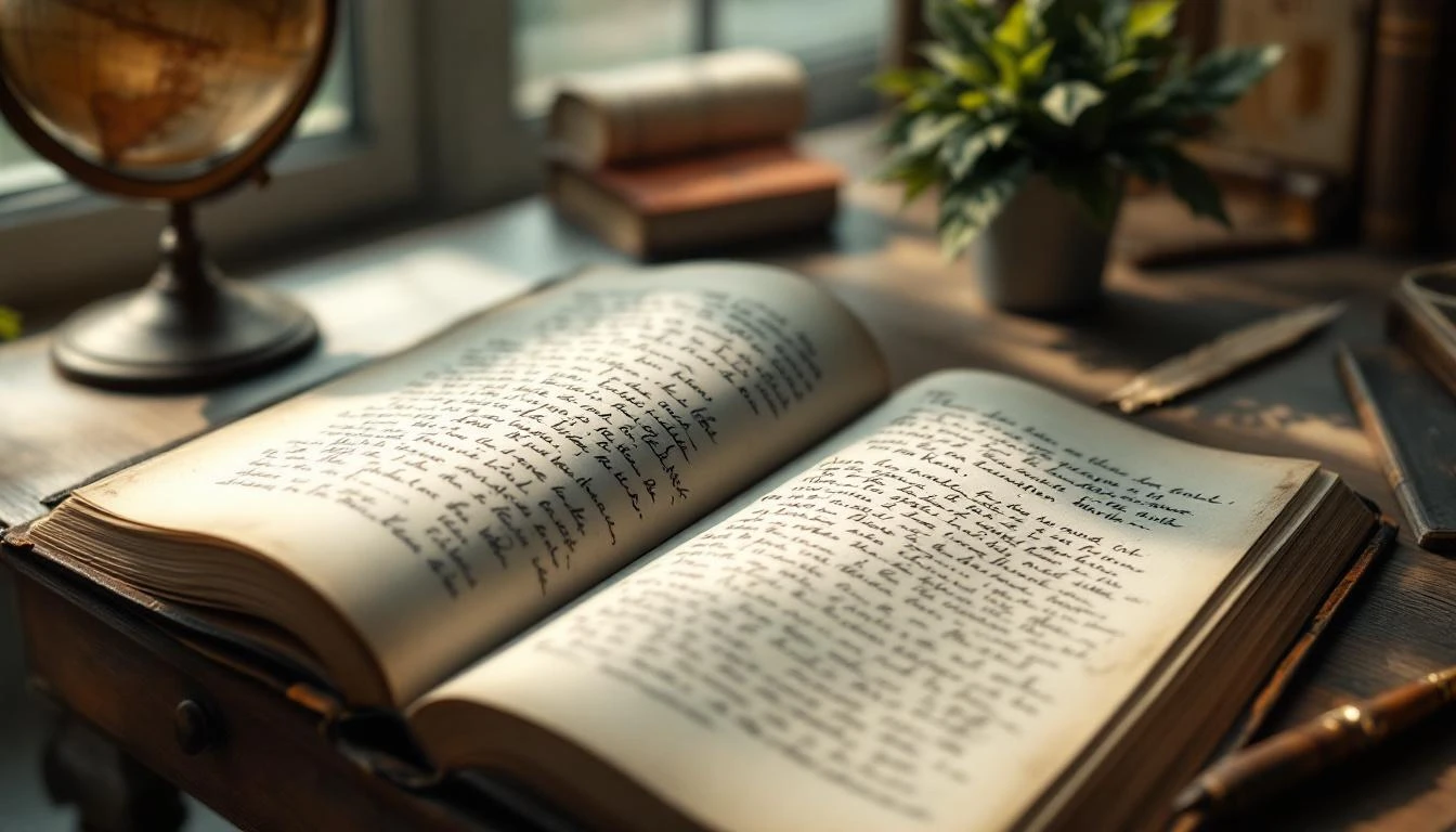 Livre ouvert sur un bureau en bois près d'une fenêtre.
