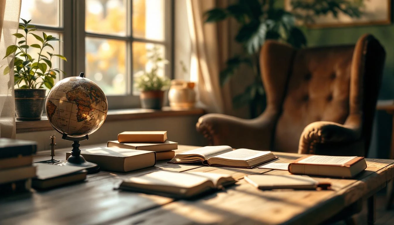 Bureau d'étude en bois avec des livres ouverts et un fauteuil.