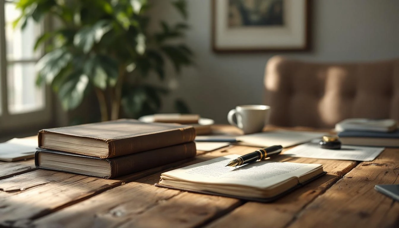 Ambiance d'écriture ou d'étude dans un bureau à domicile, avec un stylo sur un carnet, des livres et une plante.