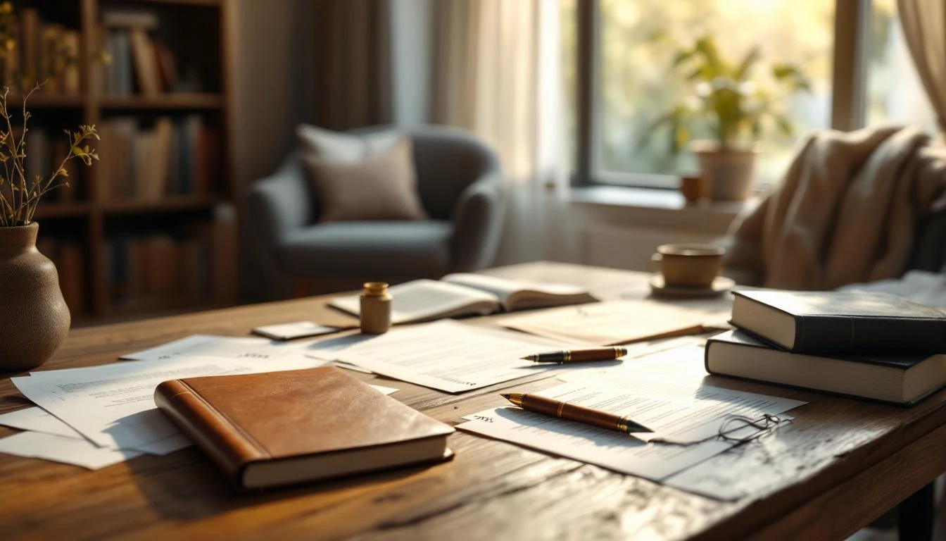 Bureau de travail en bois avec des documents manuscrits, un stylo et un carnet en cuir.