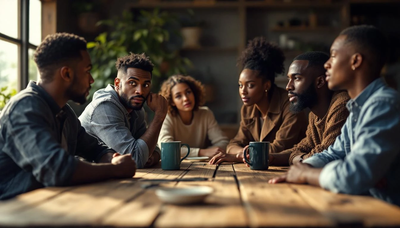 Cinq personnes en discussion sérieuse autour d'une table.