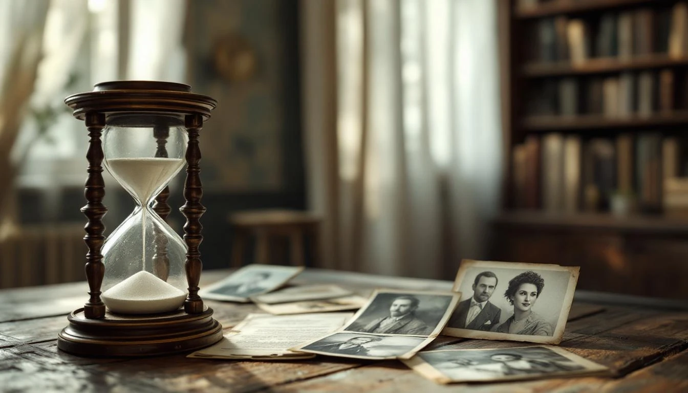 Sablier et vieilles photos de famille sur une table.