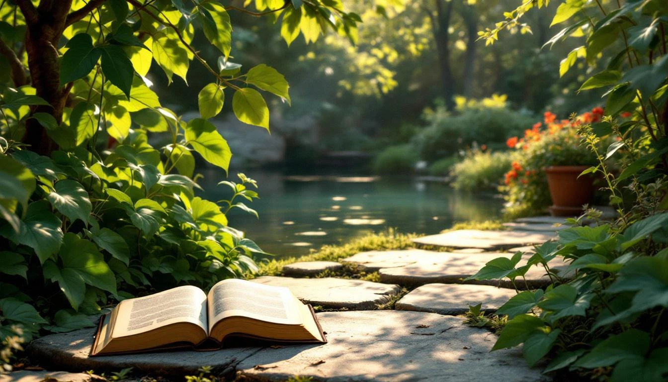 Livre ouvert sur un chemin en pierre dans un jardin.