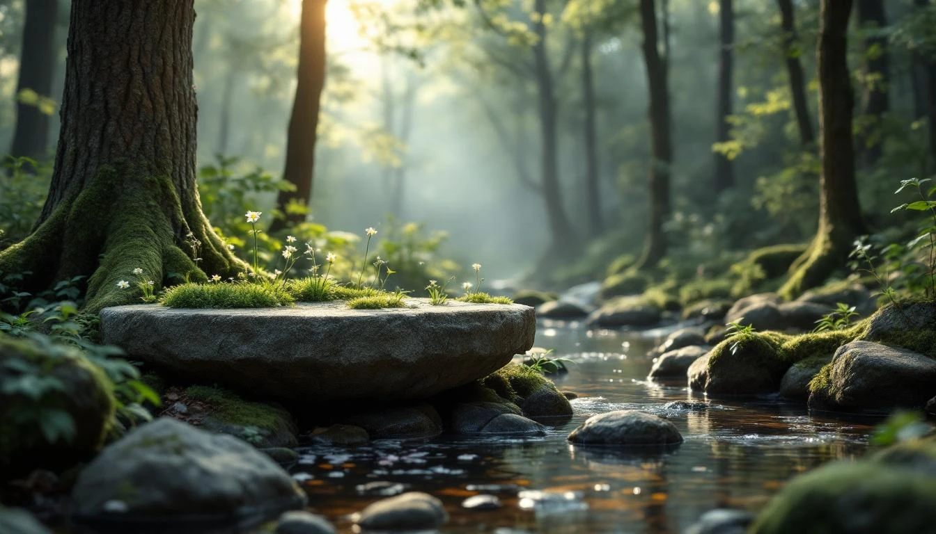 Ruisseau dans une forêt verdoyante avec un rayon de soleil.