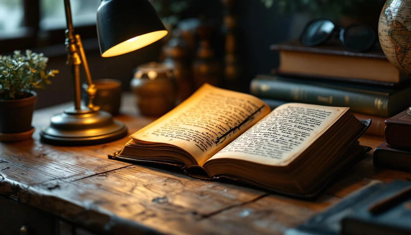 Un vieux livre ouvert sur un bureau éclairé par une lampe.