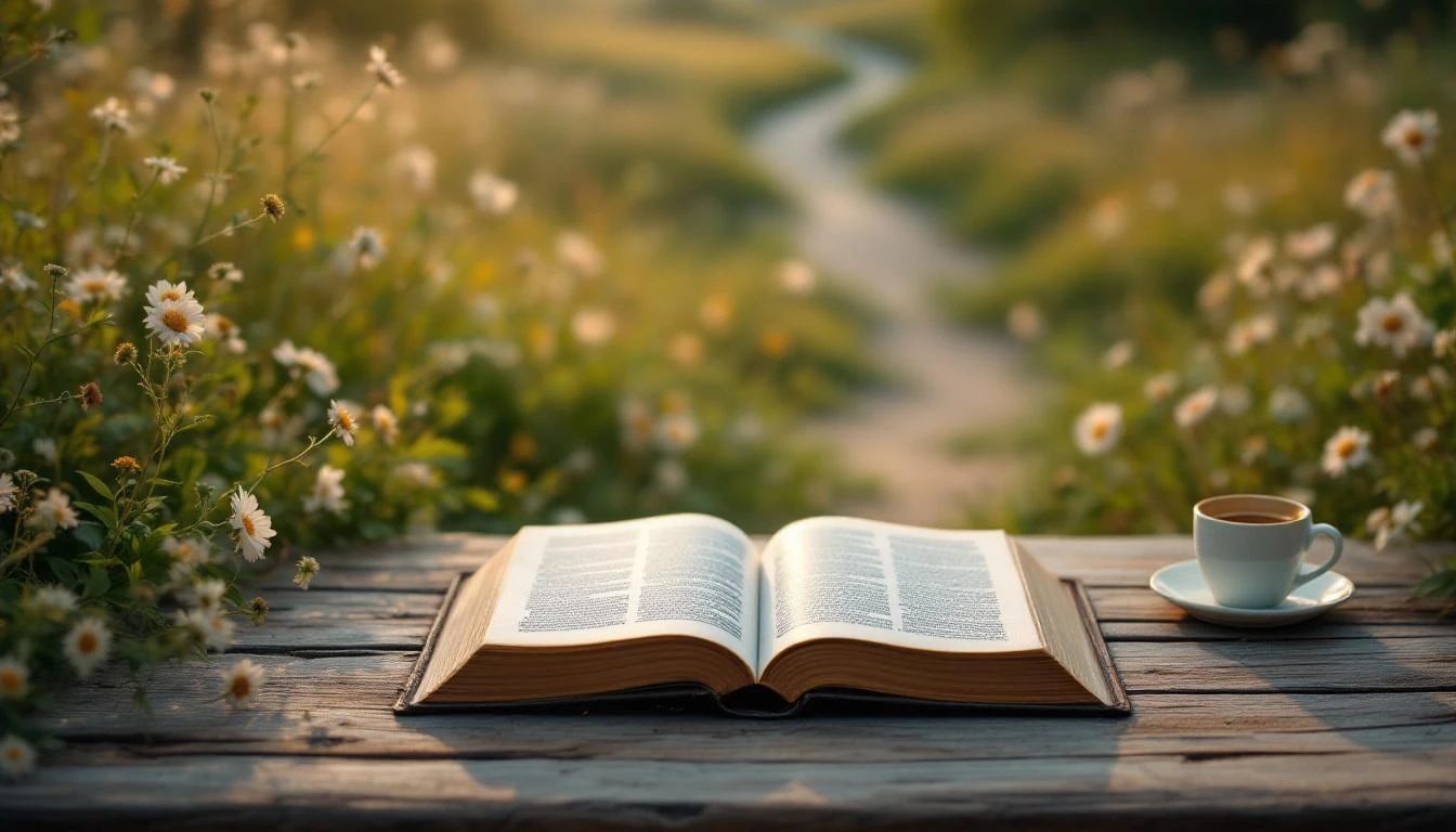 Livre ouvert, de type Bible, posé sur une table en bois, avec en arrière-plan flou un chemin sinueux dans un champ de fleurs.