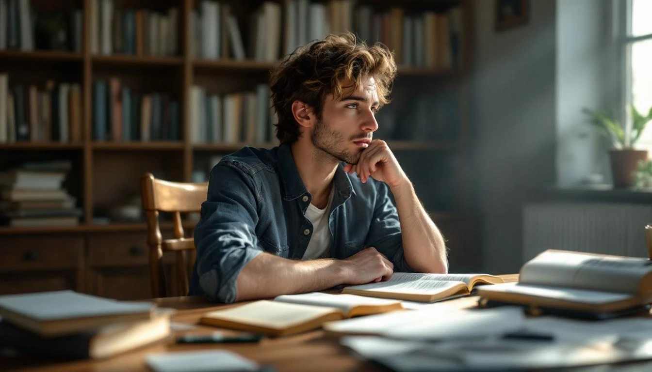 Jeune homme pensif étudiant à un bureau dans une bibliothèque.