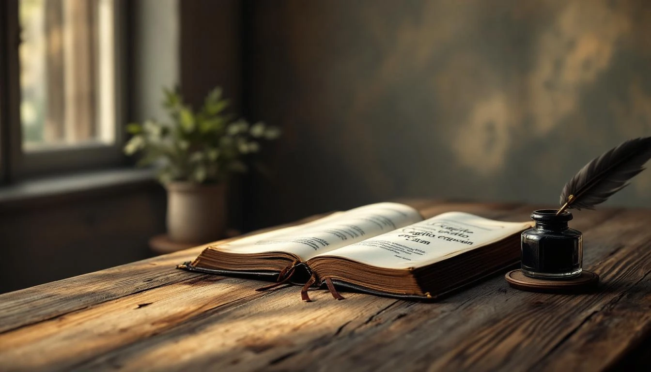 Vieux livre ouvert posé sur une table en bois rustique, baigné par la lumière d'une fenêtre, avec une plante en arrière-plan.
