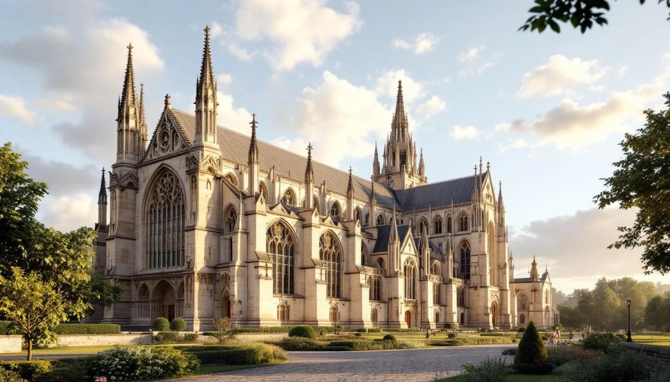 Grande cathédrale gothique avec un jardin.