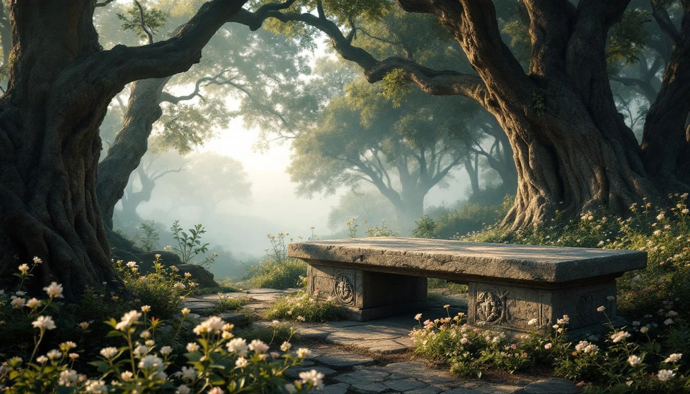 Banc de pierre dans un jardin brumeux avec de vieux arbres.